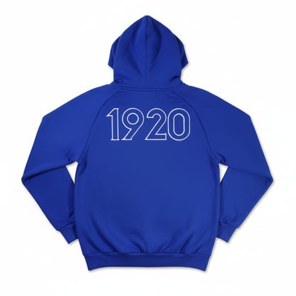 Blue hoodie with '1920' printed on the back against a white background
