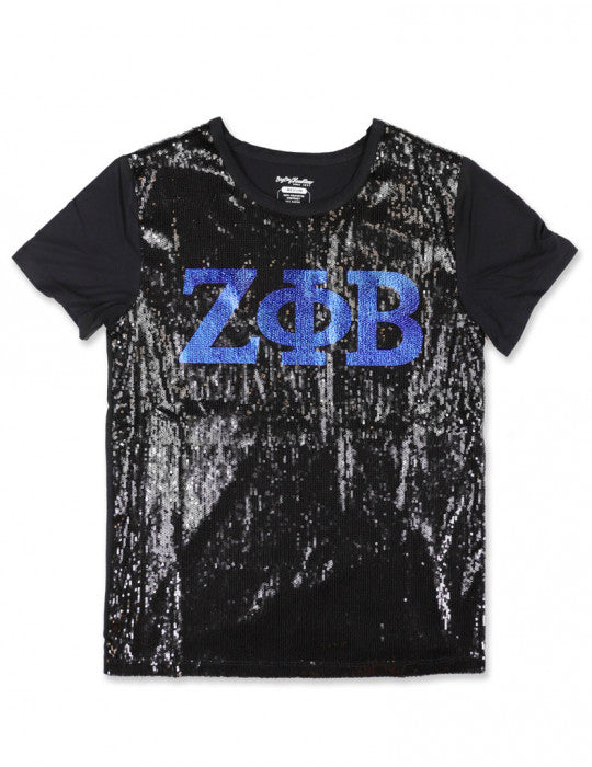 A black sequin t-shirt with the text 'ZPB' in blue on the front.