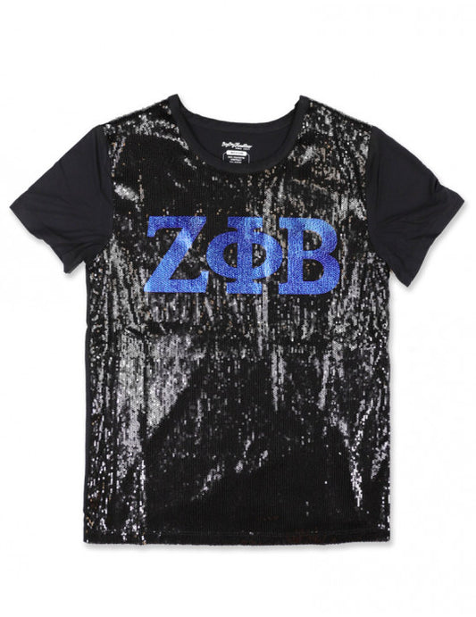 A black sequin t-shirt with the text 'ZPB' in blue on the front.