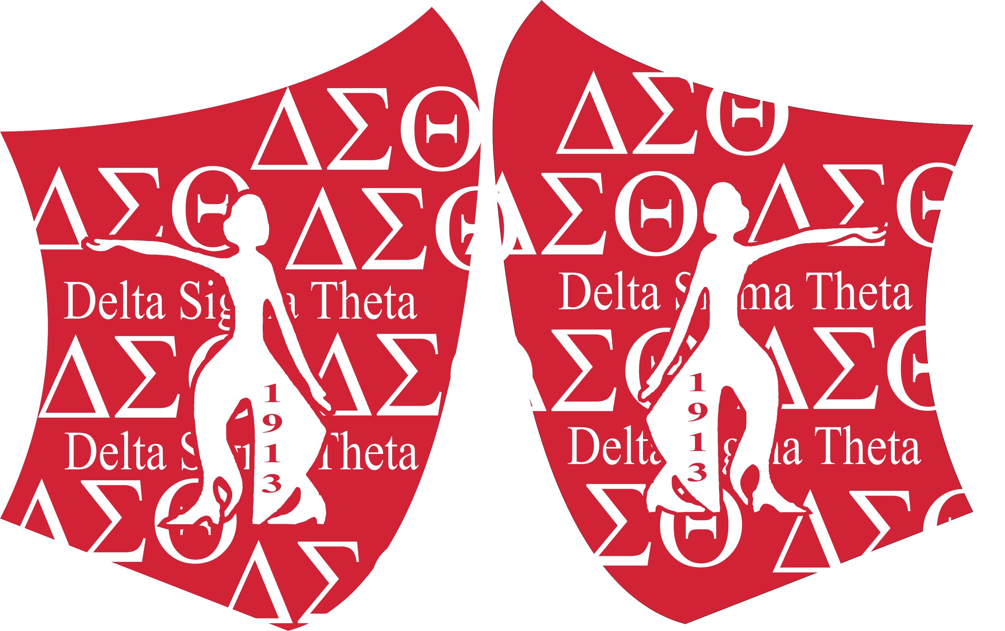 A red and white face mask with the Delta Sigma Theta logo printed on it.