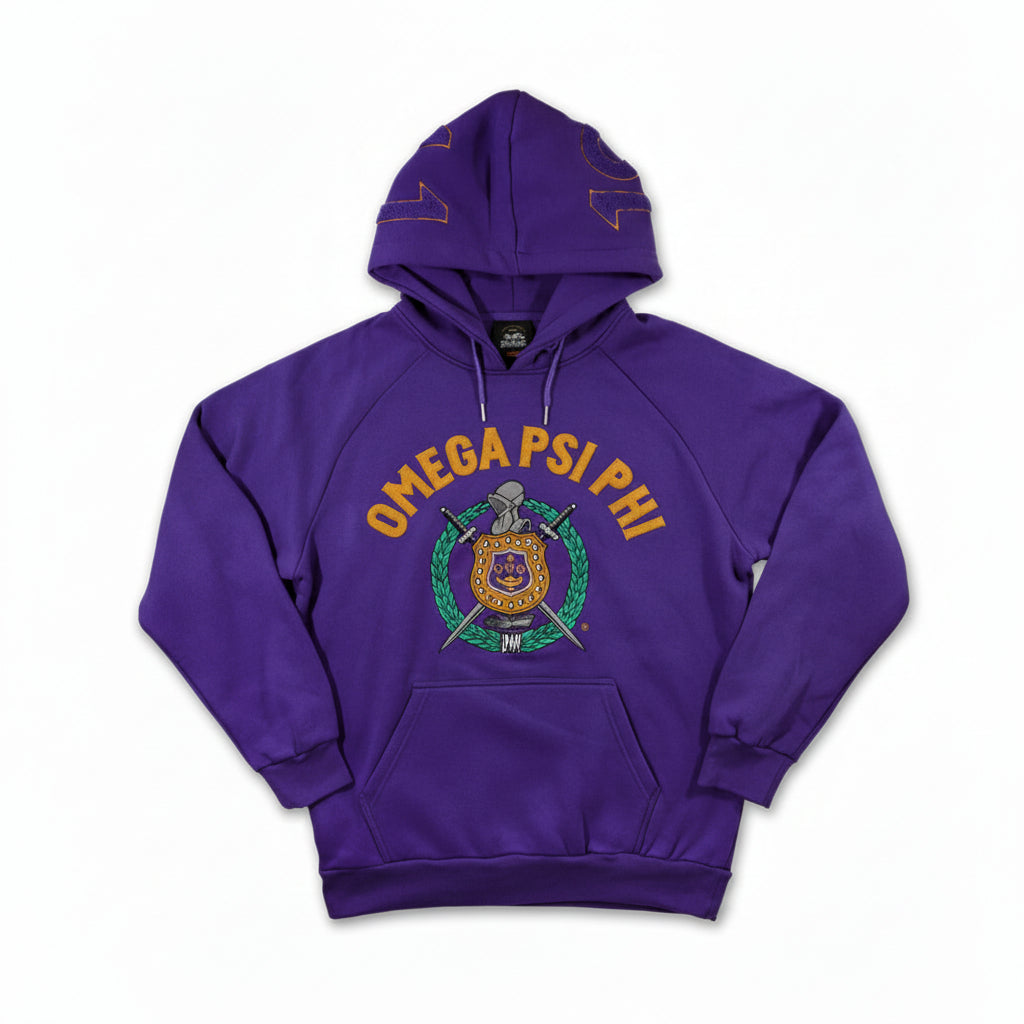 A purple hoodie with 'Omega Psi Phi' and its emblem printed on the front.