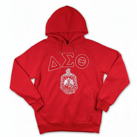 A red chenille hoodie with 'Delta Sigma Theta' and Greek letters printed on the front.
