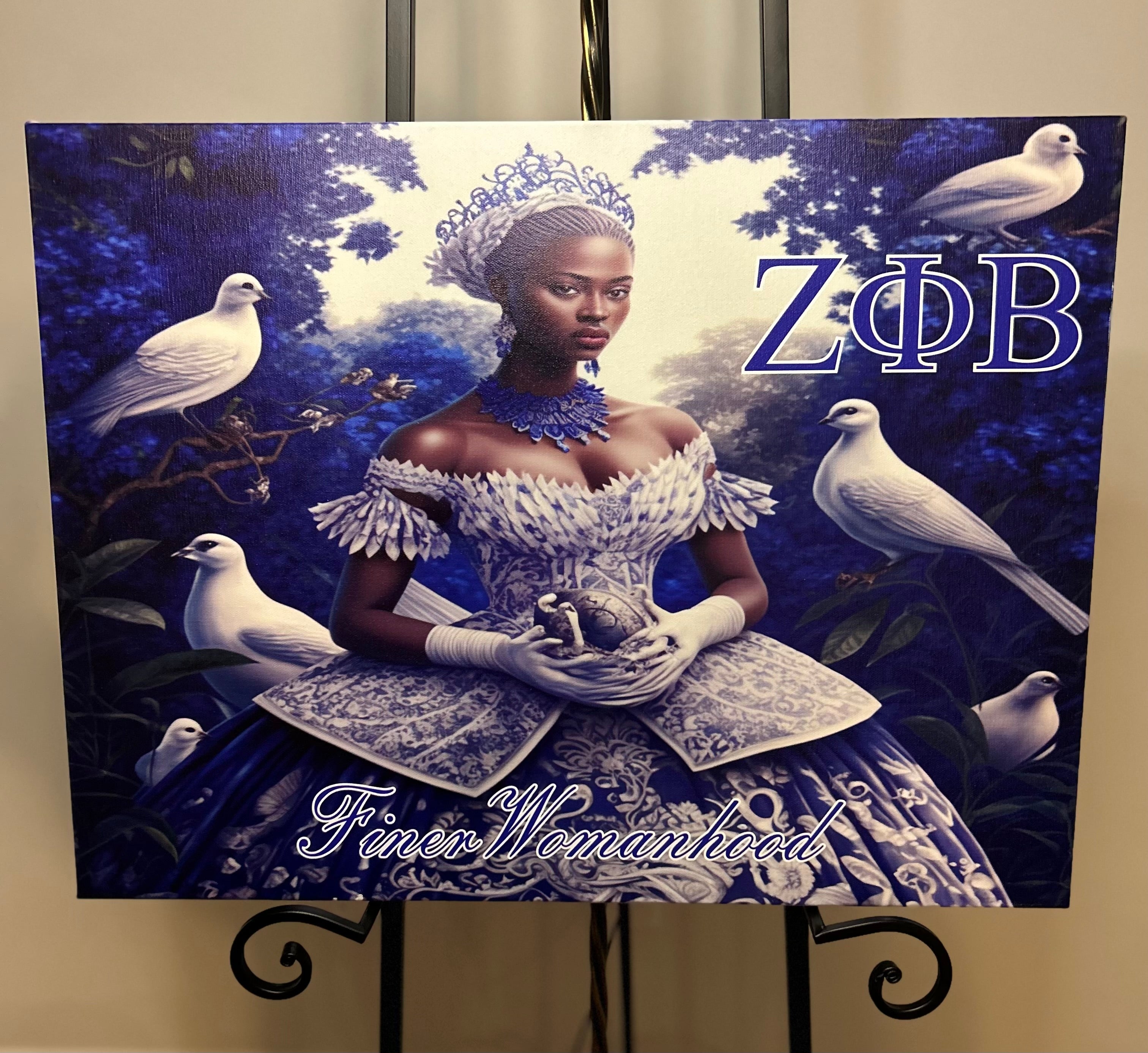 A canvas wall art featuring a woman in a formal dress with the letters ZPB and doves, set against a blue background.