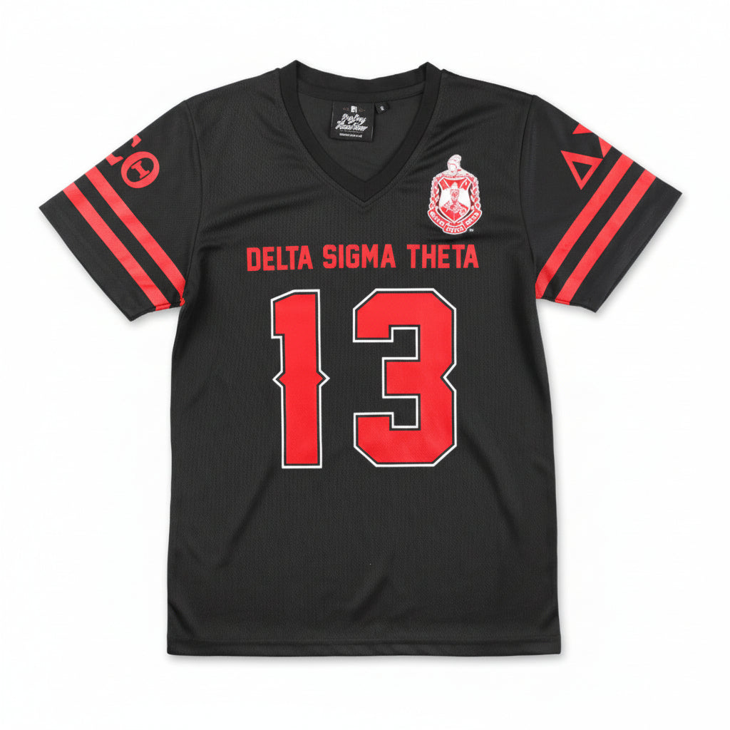 A black Delta Sigma Theta fraternity jersey t-shirt with red text and numbers.