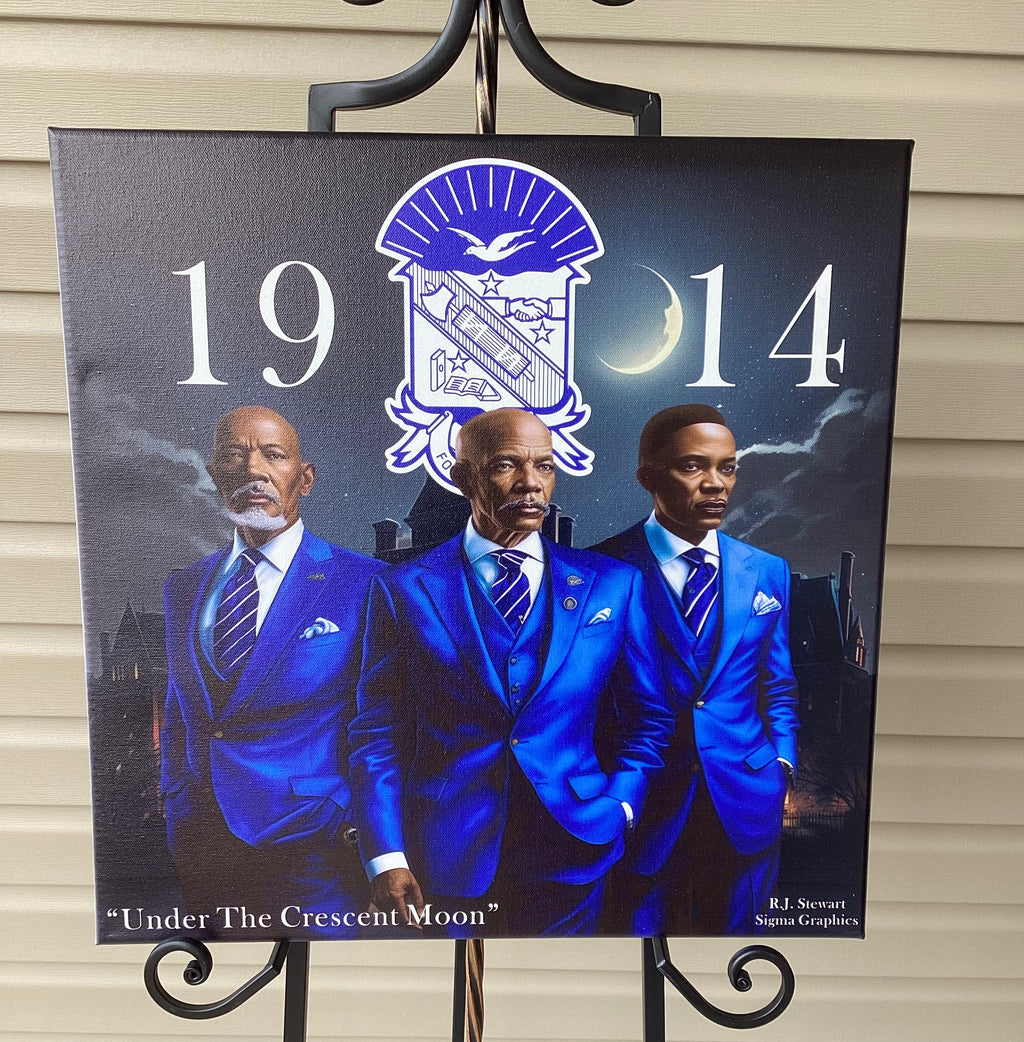 A canvas wall art featuring three stylized male figures in blue suits with the Phi Beta Sigma fraternity emblem and the year 1914 on the moon background.