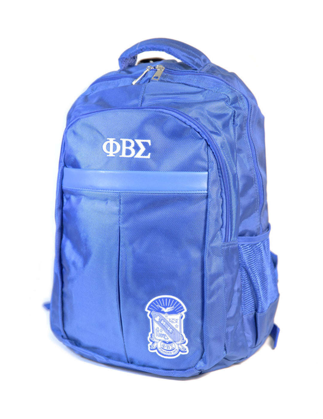 Blue backpack with 'ΦBΩ' letters and a fraternity logo on the front pocket.
